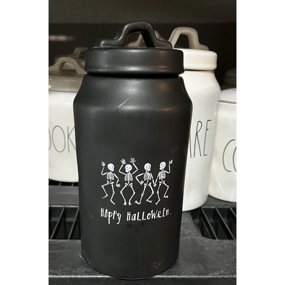 Rae Dunn Dancing Skeleton Happy Halloween Black Matte Canister HTFRare OG